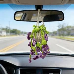 Handmade Crochet Flower Car Hanging Ornament Purple Violets Boho Rearview Mirror Charm Cute Vehicle Interior Decor Unique Air Freshener Diffuser Ideal for Daily Commute Travel Car Decoration Gift for Women, Car Interior Decorative, Car Accessories