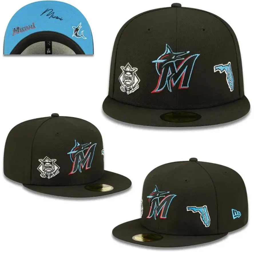 New Era Miami Marlins, New York Yankees 59FIFTY Fitted Baseball Cap – Black Flat Brim Hat with Multicolor Marlins Logo, 1993 Florida American League Side Embroidery & Grey Undervisor