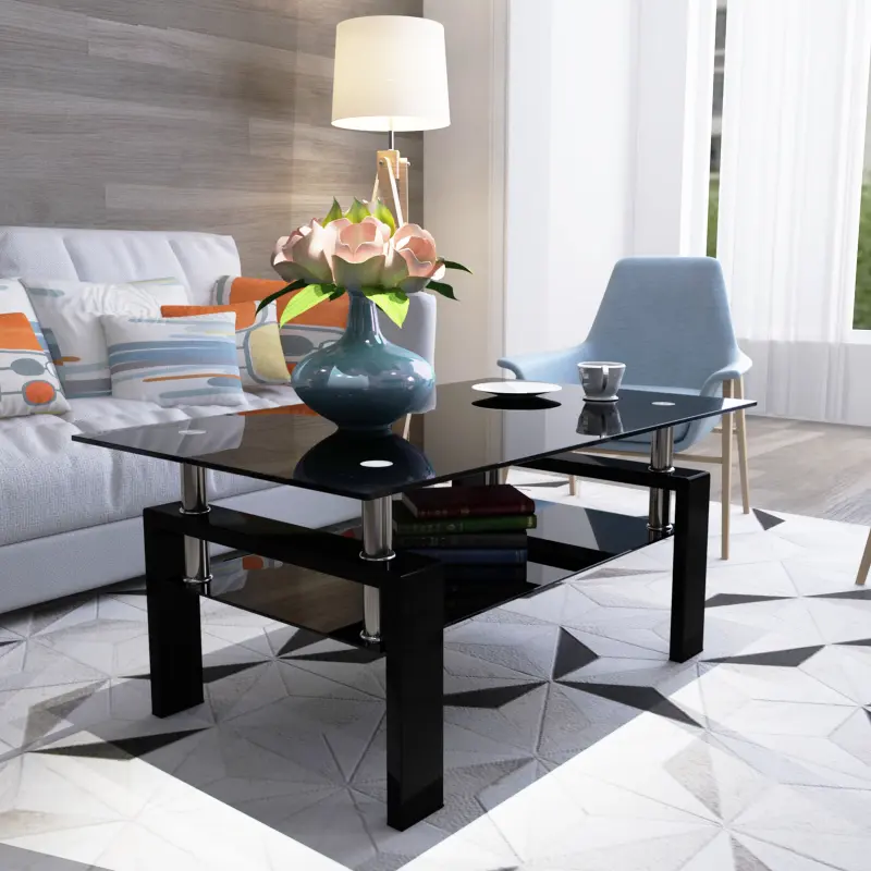 Black Rectangular Glass Coffee Table - Modern Glass Pedestal Furniture with Storage, Clean Aesthetic Modern Accent Table, Decor for Living Room, Apartment Stuff Indoor Computer Desk