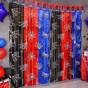 Spider Web Birthday Decorations, 2 Pack Spider Party Supplies 3.3x6.6ft Tinsel Foil Fringe Curtains, Red Black and Blue Photo Booth Prop Backdrop Streamer, Birthday Party Decor for Boys
