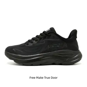 Trending Monochrome Black Marathon Sneakers Deep Non Slip Rubber Tread Wave Cushion Midsole All Weather Outdoor Jogging Shoes Unisex