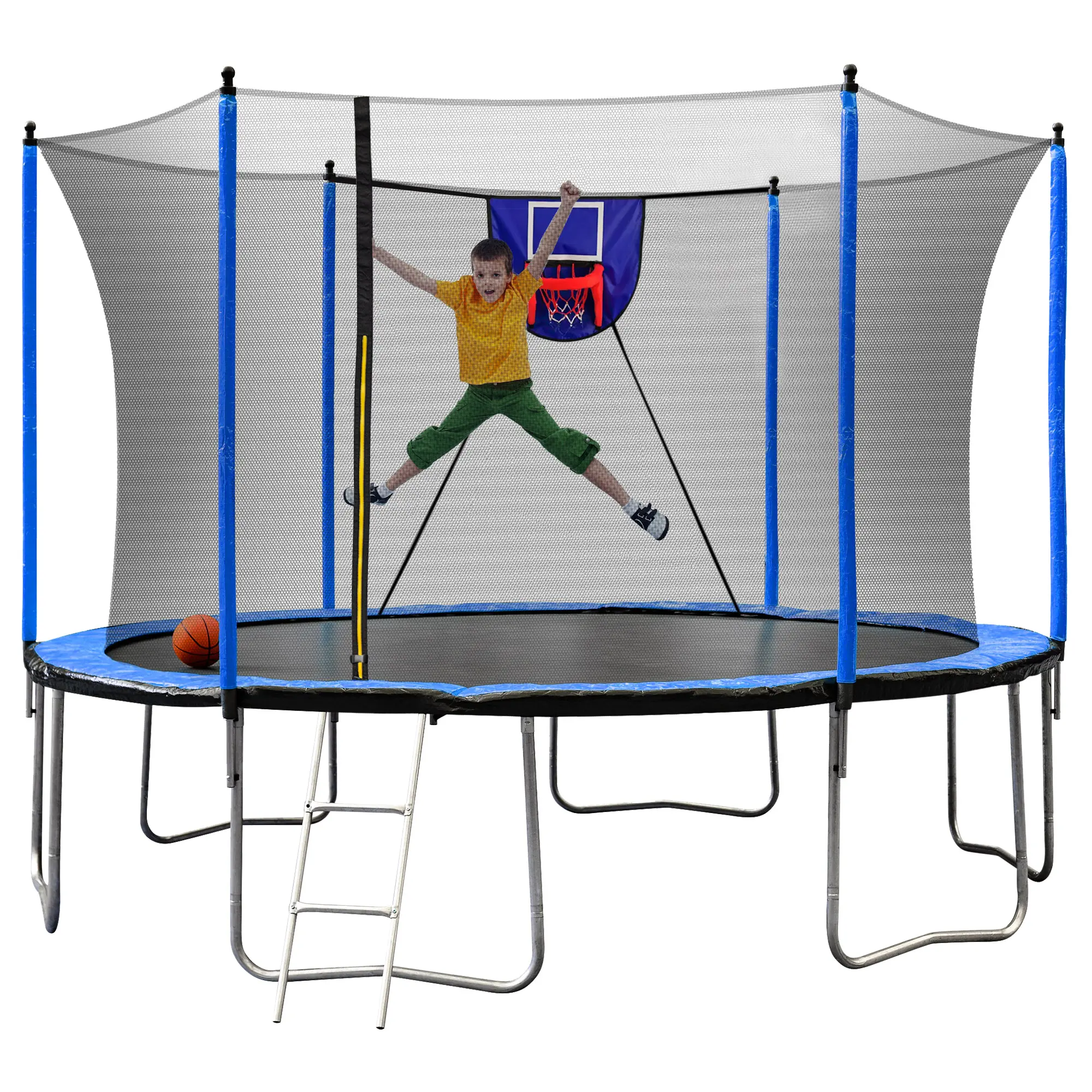 15FT Blue Outdoor Trampoline with Basketball Hoop, Inflator & Ladder, Heavy-Duty High-Dip Galvanized Frame Trampoline, UV-Proof Safety Net with 6 Extra Pole Sleeves, ASTM CPC Certified Backyard Trampoline for Kids