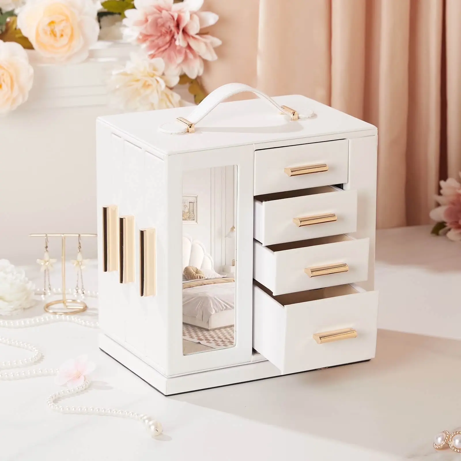 VigorPro 360° Rotating Jewelry Box, Jewelry Organizer with Transparent Window & Mirror for Girls Women