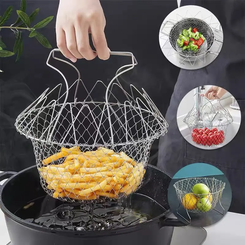 Stainless Steel Deep Fry Basket, Home Cooking Oil‑Draining Strainer, Foldable Fry Basket for French Fries Chicken Nuggets Kitchen Use