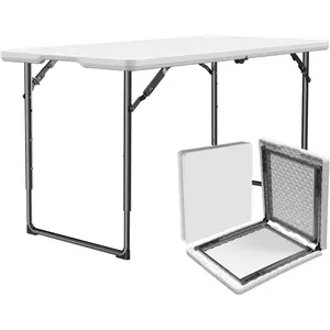 Folding Table 4ft - Heavy Duty Fold-in-Half Plastic Table with Adjustable Height, Portable Utility Tables with Steel Legs for Indoor, Outdoor, Picnic, Camping, Dining, Party (White)