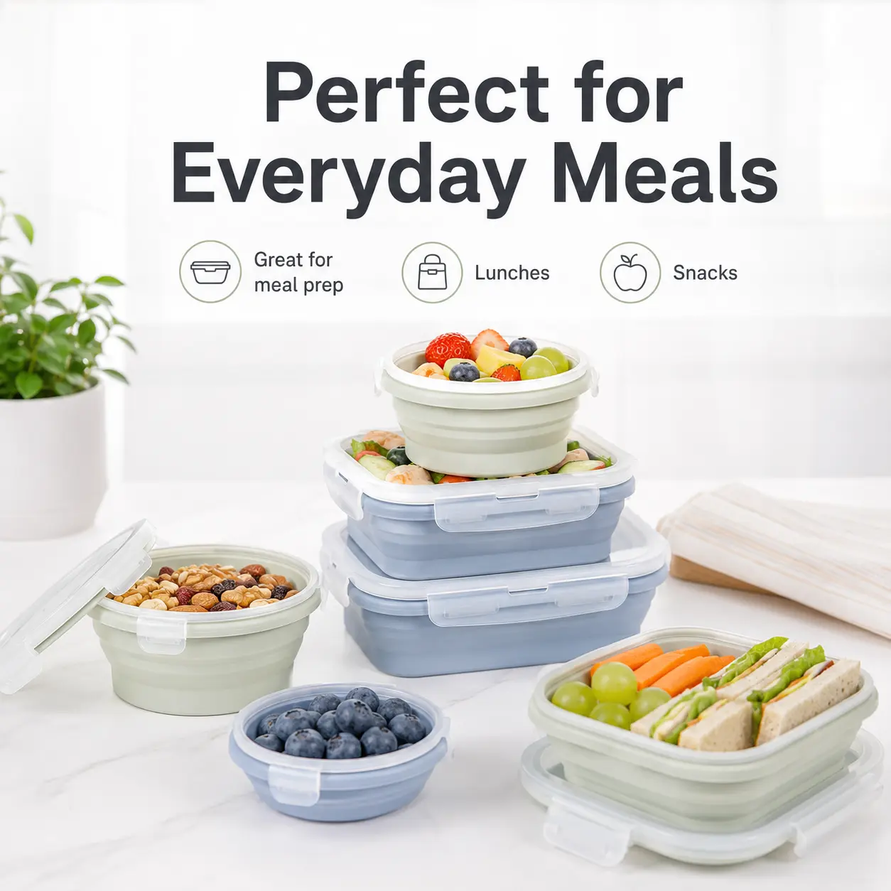 Collapsible Silicone Food Storage Containers, BPA Free Leak Proof Lunch Box, Microwave Freezer Safe Reusable Meal Prep Container, 350/550/850ml Portable Stackable Food Container