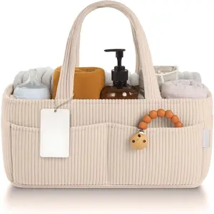 Baby Diaper Storage Basket for Changing Tables Cream Corduroy Stylish Nursery Organizer Essential for Newborns Car Diaper Storage Must-Have for Baby Gift & Registry