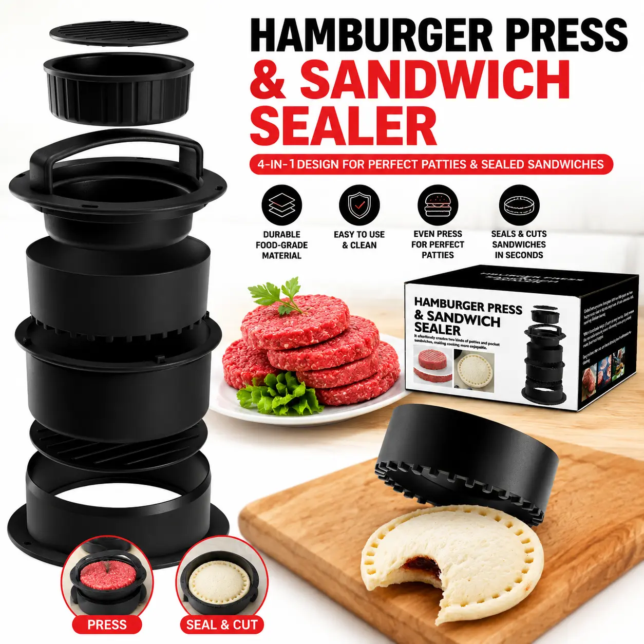 4-in-1 Round Shaped Kitchen Burger Press Patty Maker - Adjustable Mold, Sandwich Cut+Seal Utensils Set for Barbecue, Home Cooking