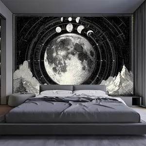 1pc Extra Large Celestial Tapestry - Black and White Galaxy Backdrop Wallpaper with Moon, Planets - Large Wall Hanging for Living Room, Bedroom, Party Decor, Photo Shoot Background - Easy Hang No Electricity Needed - Astronomy Theme Home Decoration, Moon