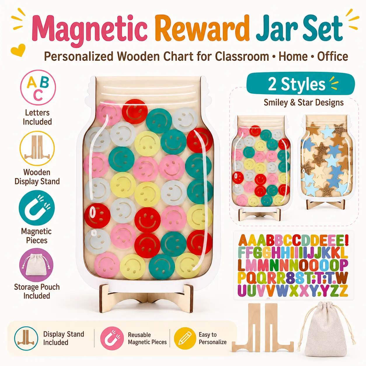 MYVERSE Magnetic Reward Chart for Classroom Office Home Personalized Wooden Stars Reward Jar Set MYVERSE Magnetic Reward Chart for Classroom Office Home Personalized Wooden Stars Reward Jar Set