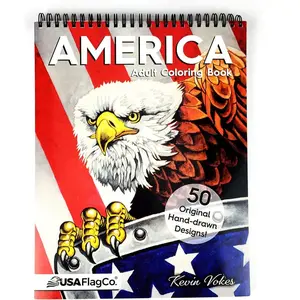 America Adult Coloring Book - 50 Hand Drawn American Designs Printed on Artist Paper, Thick Covers, Top Spiral Bound, Perforated Pages, and Blotter Page by USA Flag Co.