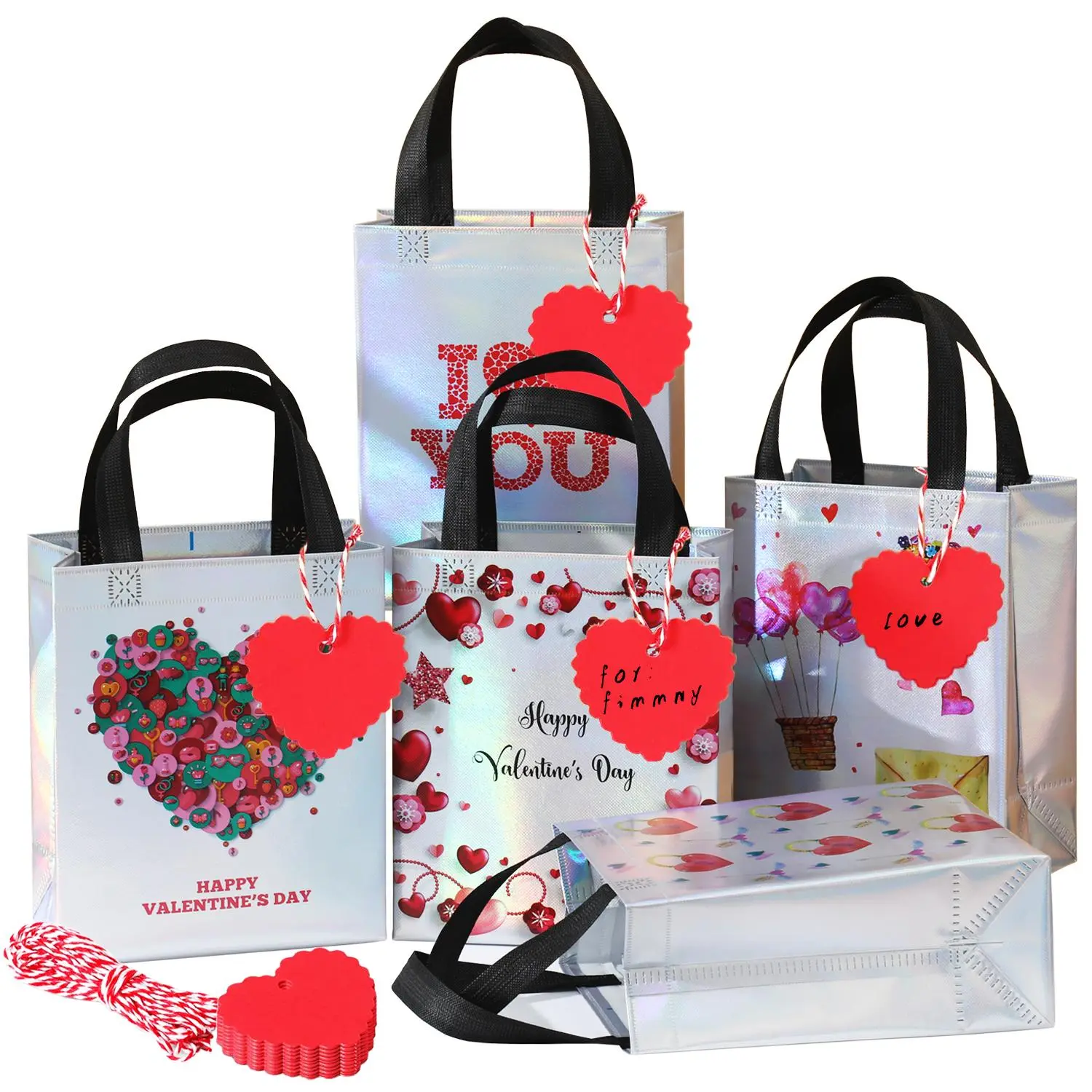 Valentine's Day Gift Bag, 5 Counts/set Reusable Gift Bag with Heart Shaped Gift Tag, Reusable Gift Wrapping Bag for Party, Unique Bags