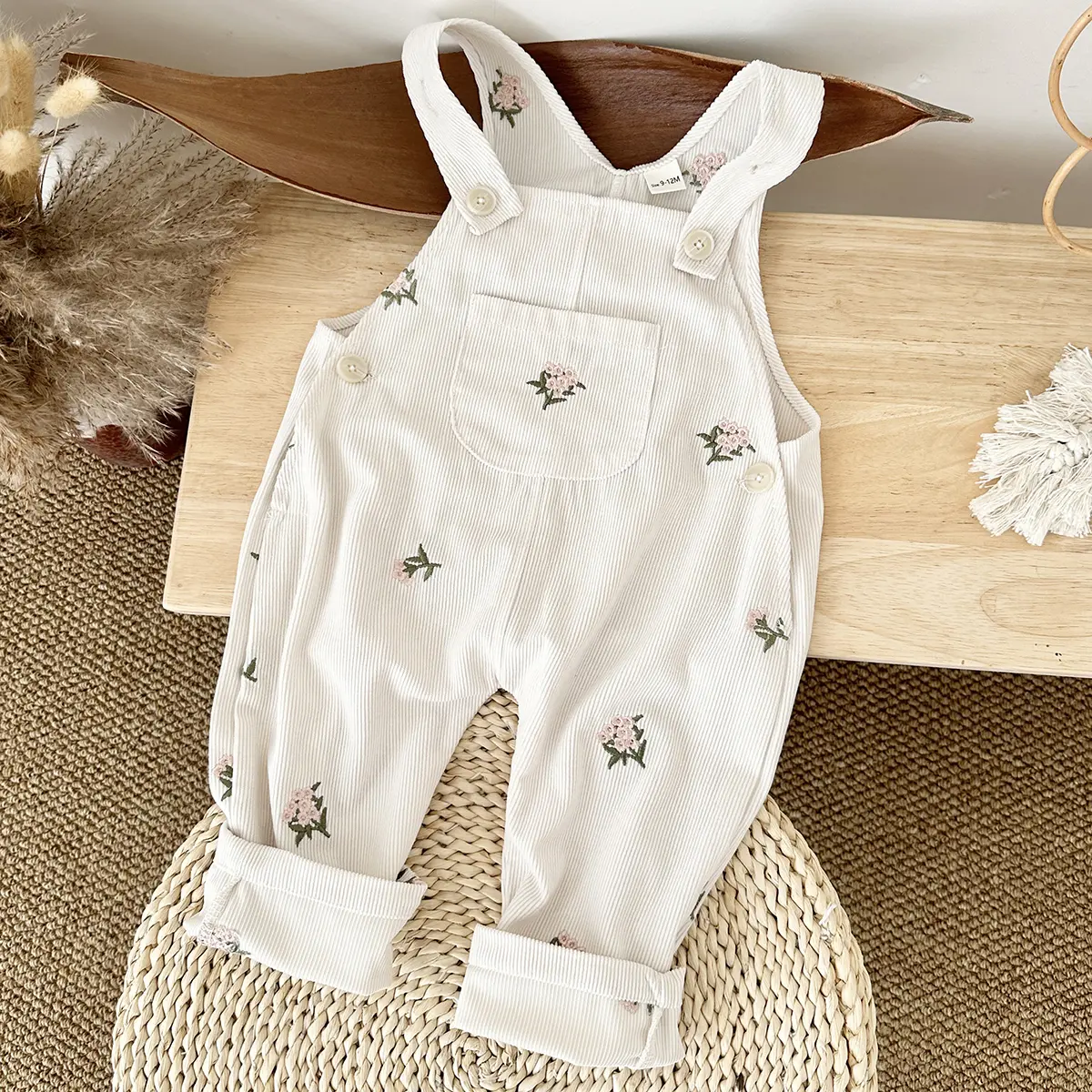 Toddler Girl Fitted Overalls in Soft Corduroy with All-Over Floral & Butterfly Embroidery, Sleeveless Baby Clothes Girl Jumpsuit, Toddler Overalls, Full Body Floral