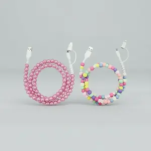 Pearl-Decorated Charging Cable Bundle, Pink and Multicolor 2-in-1 USB-C Fast Charging Cables, 3.3 FT, Plastic and ABS Materials, Compatible with All Devices, Type C Charger