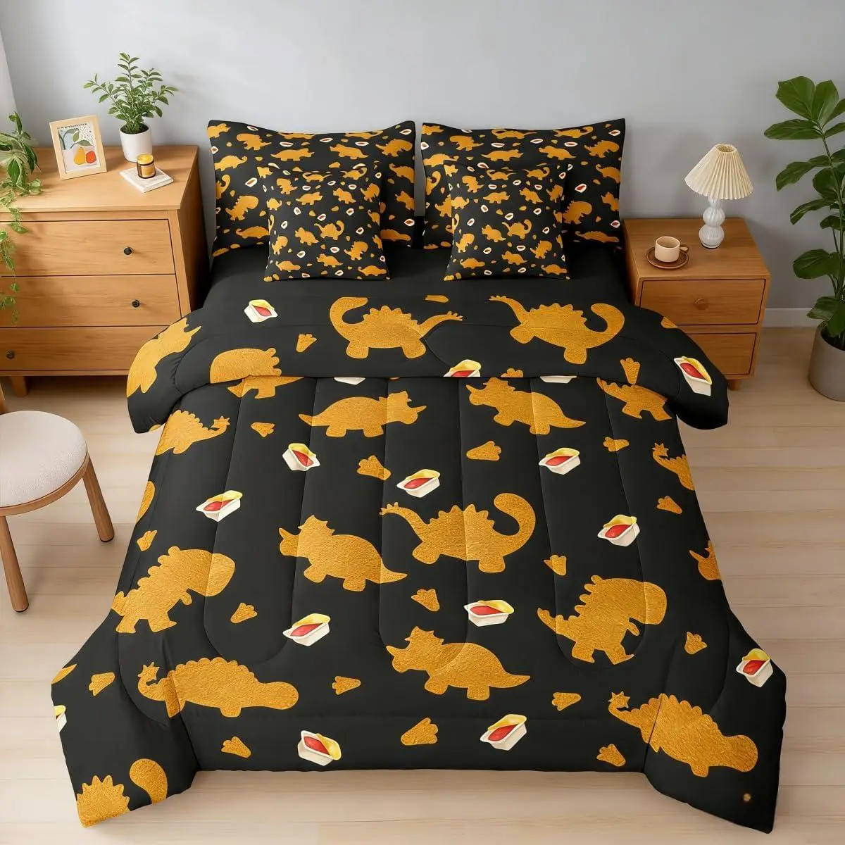 Caroon Chicken Nugget Comforter Set,7-Piece Dino Nugget Gifts Bedding Kids Funny Food Ketchup Sauce Bedding Set,Bed in a Bag(1 Comforter,2 Sheets,2 Pillowcases,2 Throw Pillow Covers), Kids Bedding, Breathable Cloth
