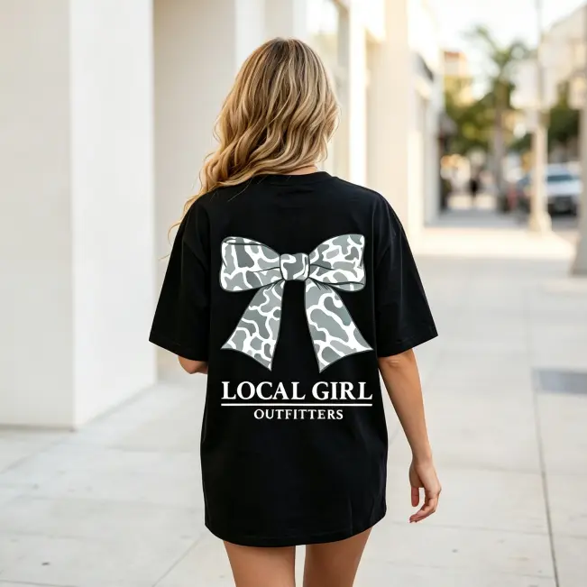Local Girl Outfitters Women's Camo Bow Round Neck T-Shirt - Cotton-Spandex Fabric, Oversized Printed Southern Graphic Top, Trendy Fall Rodeo Wear, Comfort Colors Casual Streetwear