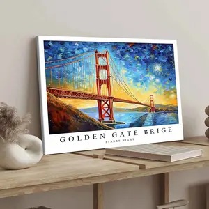 1Count Wooden Frame Canvas, Golden Gate Bridge Starry Night Landscape, Exquisite Poster, Fashion Bedroom Decoration, Modern Art Home Poster, Waterproof High Definition Printing, Ideal Gift, Art