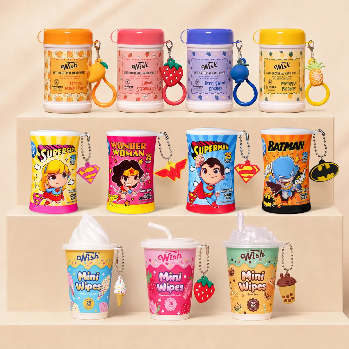【BEST VALUE】Daily Essential Hand Wipes 3 Collections, 11-pack - Shareable Travel Set with Carabiner, DC Hero & Dessert Cup Designs