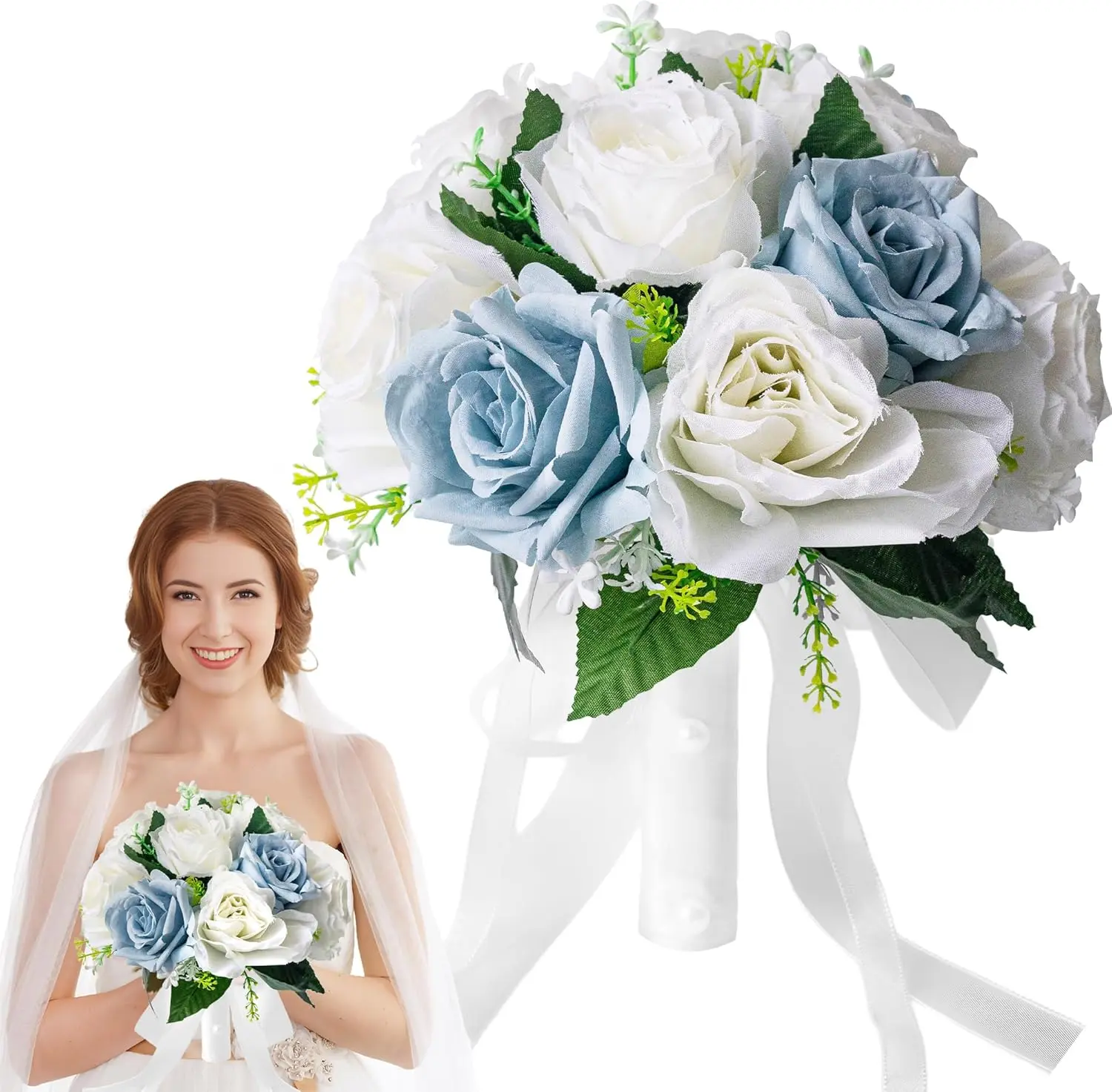 Wedding Bouquets for Bride - Realistic Silk  Artificial Roses, 8 Inch Bridesmaid Bouquet for Ceremony, Church, Anniversary, and Home Decoration (White & Blue)