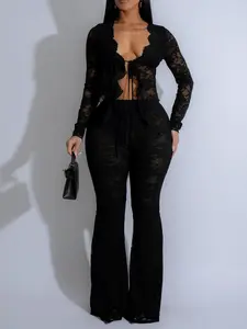 Women's Solid Color Lace Tie Front Long Sleeve  Top & Flare Leg Pants, Sexy Fashion Casual Two-piece Set for Daily Outdoor Wear, Women's Clothing for Spring & Fall