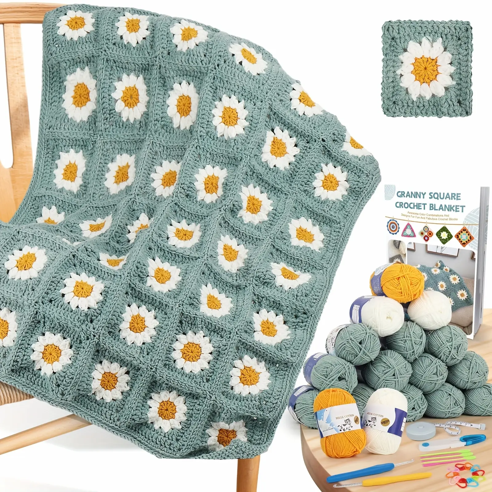 Blanket Crochet Kit for Beginners, Granny Squares Crochet Blanket Kit with Soft Yarns Detailed Instruction, Complete Crochet Starter Kit for Daisy Blanket, Easy to Learn Yarn Kit