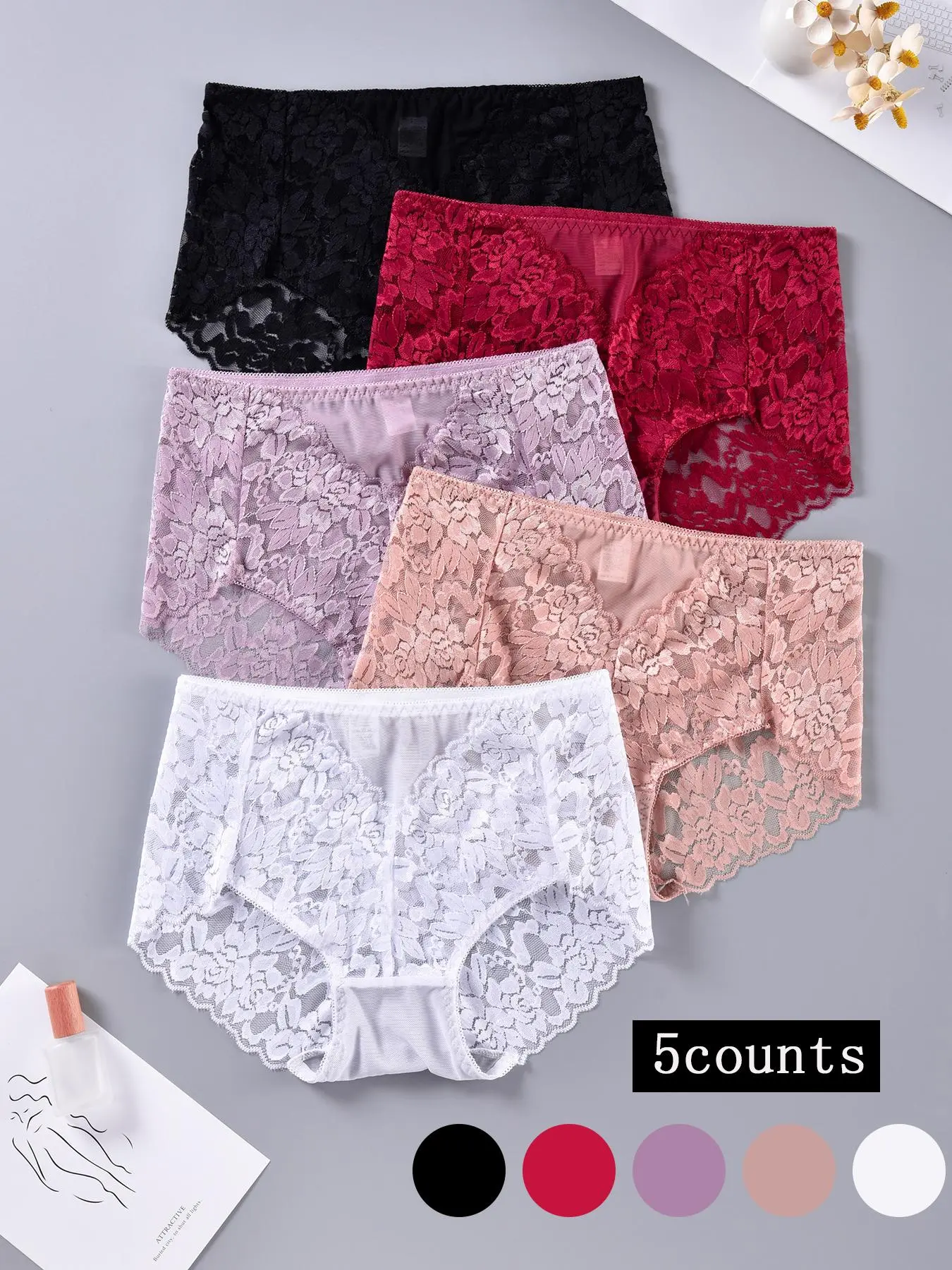 Women's Floral Lace Scallop Trim Sheer Knickers, Fashion Casual Breathable Comfortable Panties Set for Daily Wear, Ladies Underwear for All Seasons, Lingerie, Womenswear, Everyday, Soft Breathable Panties, Semi Sheer Panties, Lace Patterned Underwear