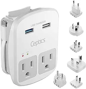 Ceptics World Travel Adapter Kit - 2 USB + 2 US Outlets, Surge Protection, Plug for Europe, UK, China, Australia, Japan