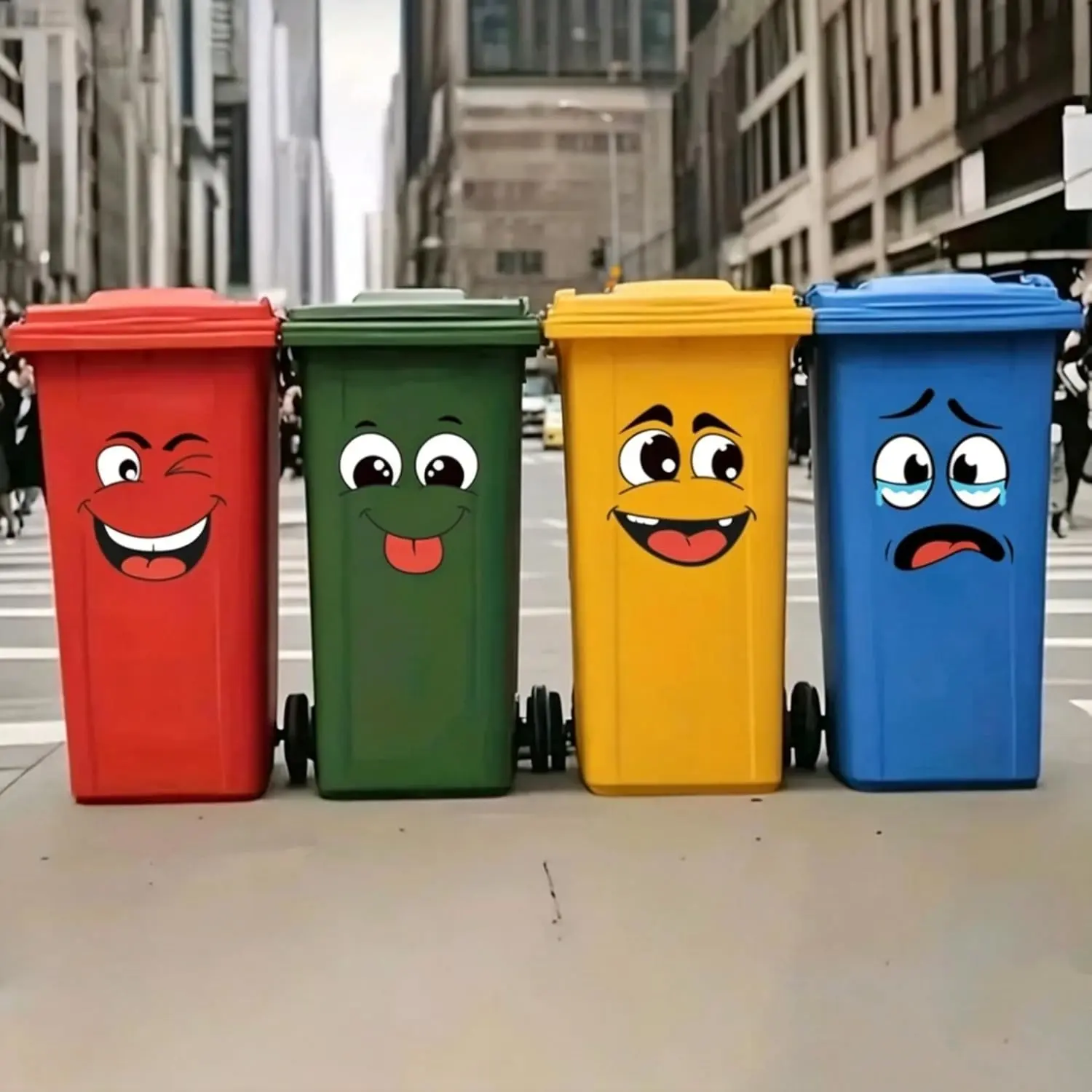 4 Sheets Wheelie Bin Stickers 20x20cm Large Waterproof Cartoon Expressions Dustbin Self-Adhesive Decal Decorative Stickers Eyes and Mouth DIY Trash Can Signs for Fridge Toilet Indoor Outdoor Wall