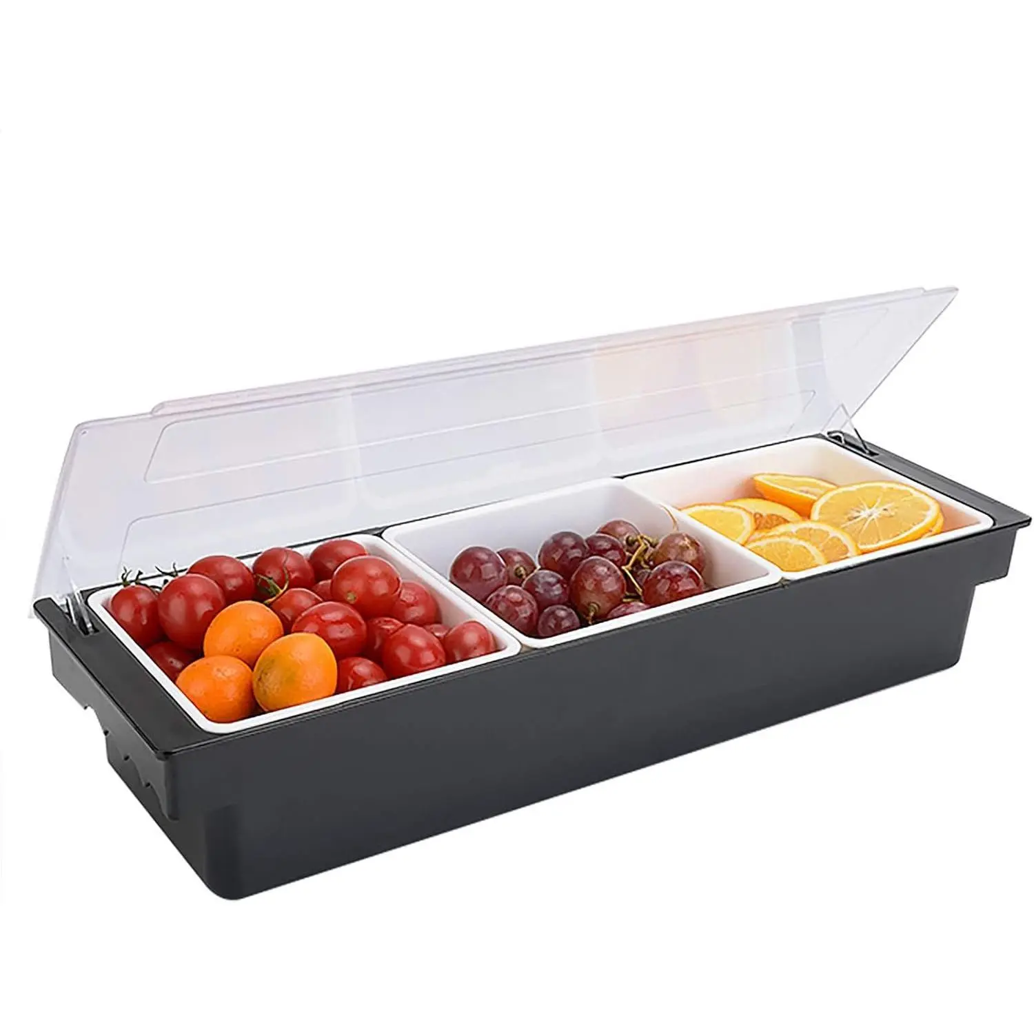Black ABS Plastic 3-Tray Leak-Proof Condiment Caddy with Lid - Dispenser Tray Organiser for Home Kitchen Utensils, Party & Buffet Use, Refrigerator Storage