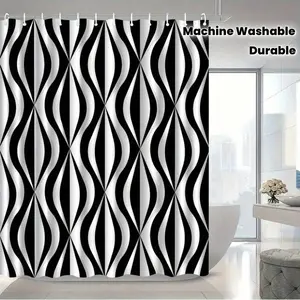 1pc Modern Bathroom Shower Curtain - Black And White Abstract Geometric Design With Hooks, Machine Washable Polyester Fabric Shower Curtain For Bathroom Decor, Shower Partition - Easy-Clean Bath Décor In Black And White, Bathroom Shower Curtain Sets