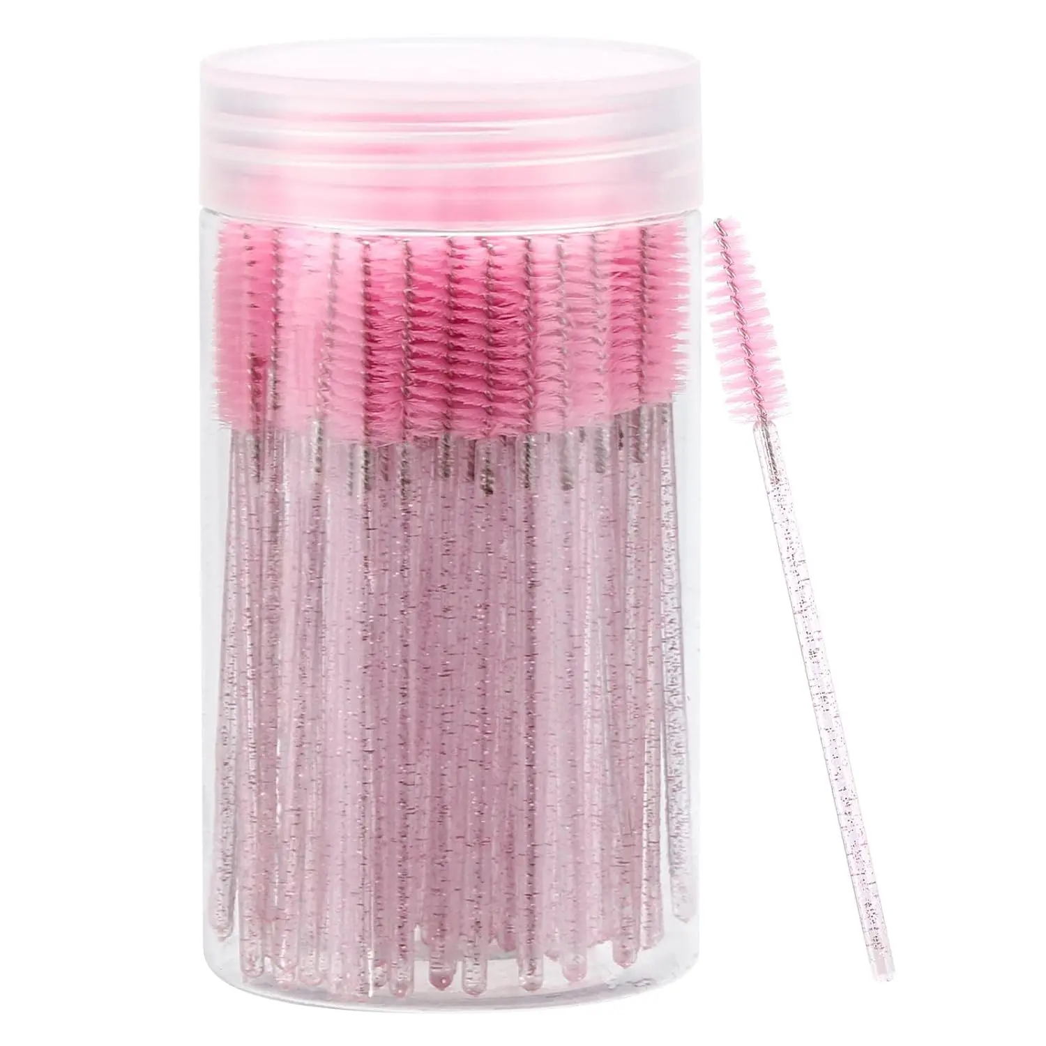 100 Pcs Disposable Mascara Wands with Container, Pink Crystal Eyelash & Eyebrow Spoolie Brushes for Lash Extensions, Makeup, Salon & Personal Use