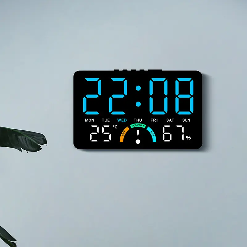 Home Temperature Humidity LED Electronic Clock, Large Screen Digital Wall Clock, Dual Use Alarm Clock, Time Day Date Display, Battery and Plug Supply, Battery Operated Digital Clock