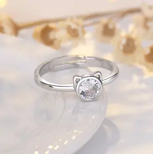 RINGLUX - Silver Color Stainless Steel Simply CZ Cat Rings for Women Personality Cute Cat Open Ring Creative Jewelry Party Gift
