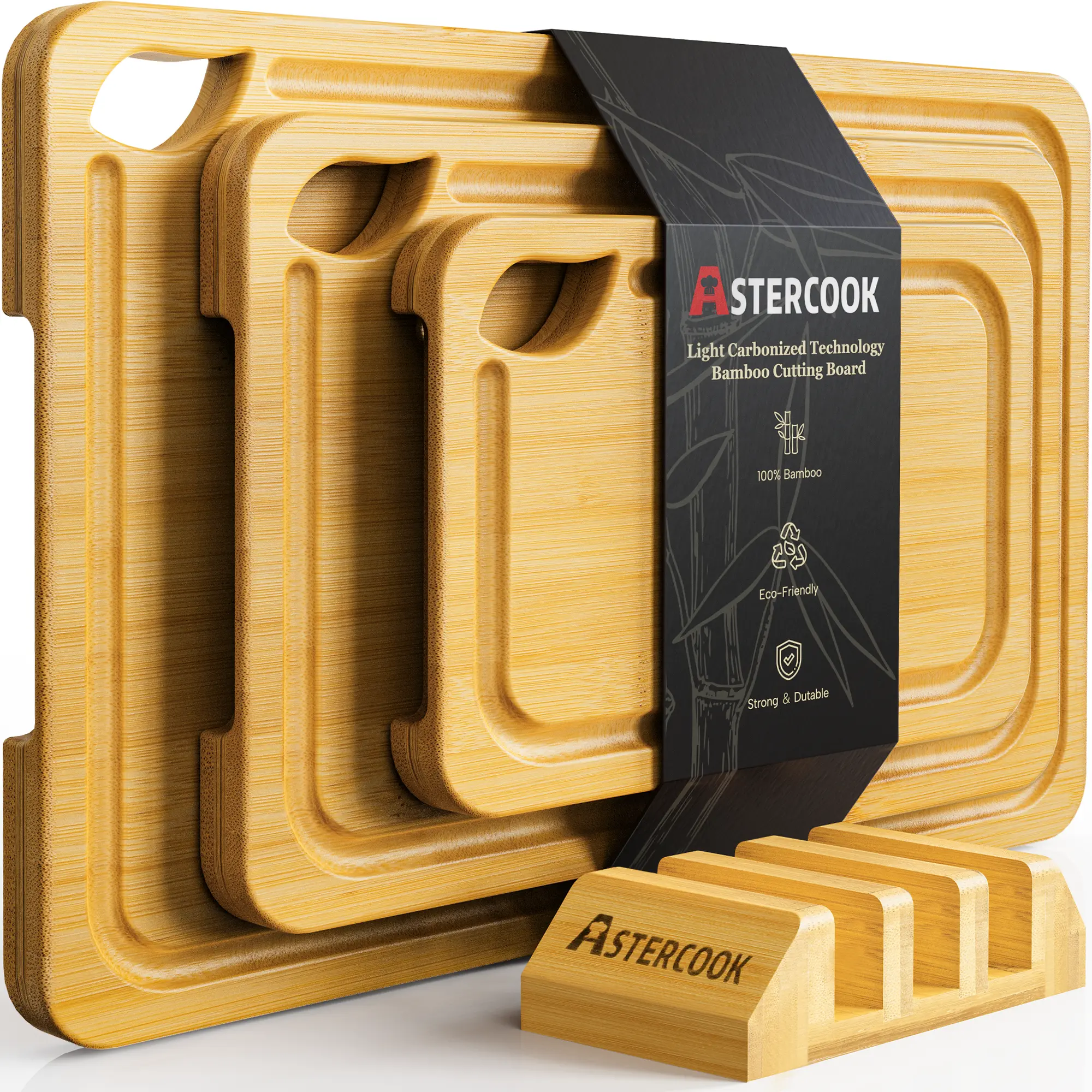 Astercook 4-Piece Carbonized Bamboo Cutting Board Set - Rectangular Multi-Size Chopping Boards with Holder, Juice Grooves, Handles for Meat, Everyday Use, Kitchen Knives, Four Pieces
