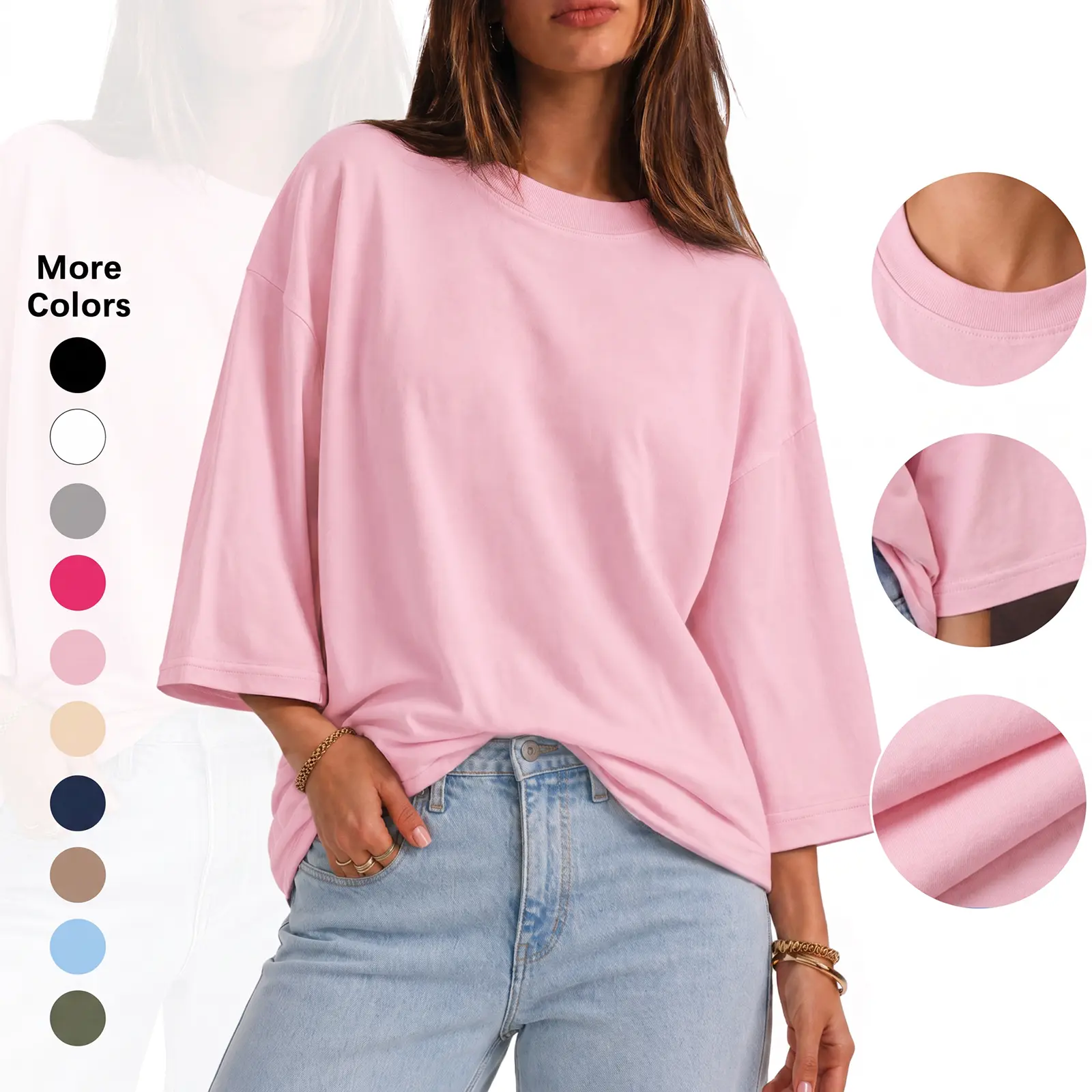 Flowyair Womens Oversized T-Shirt Casual 3/4 Sleeve Summer Boxy Tops Loose Fit Crew Neck Basic Shirts