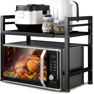 Microwave Oven Rack, Expandable Microwave Stand Countertop Kitchen Utensils Tableware Storage, Carbon Steel Over Microwave Shelf Countertop with 3 Hooks