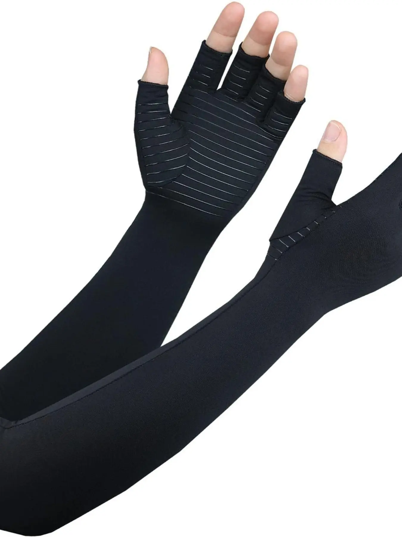 Long Compression Gloves with Copper UV Protection, Breathable Elastic Fingerless Arm Support Sleeves for Men & Women, Unisex, Cycling Fishing Driving