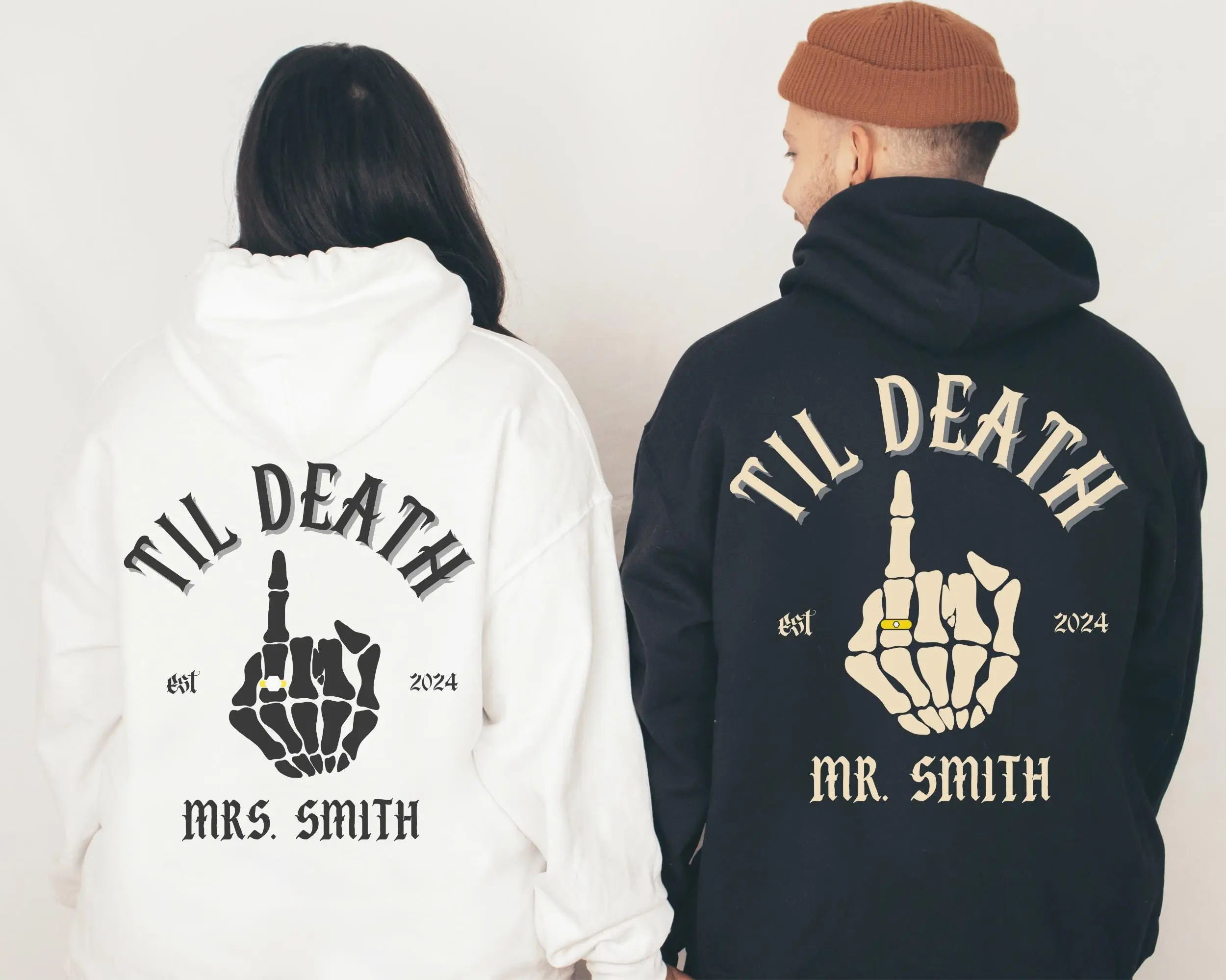 Custom Wedding Day Hoodie Til Death Sweatshirt Edgy Mr & Mrs Honeymoon Matching Tops Skeleton Bride Groom Gift Anniversary Bride and Groom Hoodie - Sweatshirt