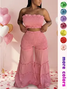 Women's Frill Trim Shirred Flare Leg Pants Set, Boho Crop Tube Top & High Waist Trousers for Beach Holiday Vacation, Ladies Summer Clothes