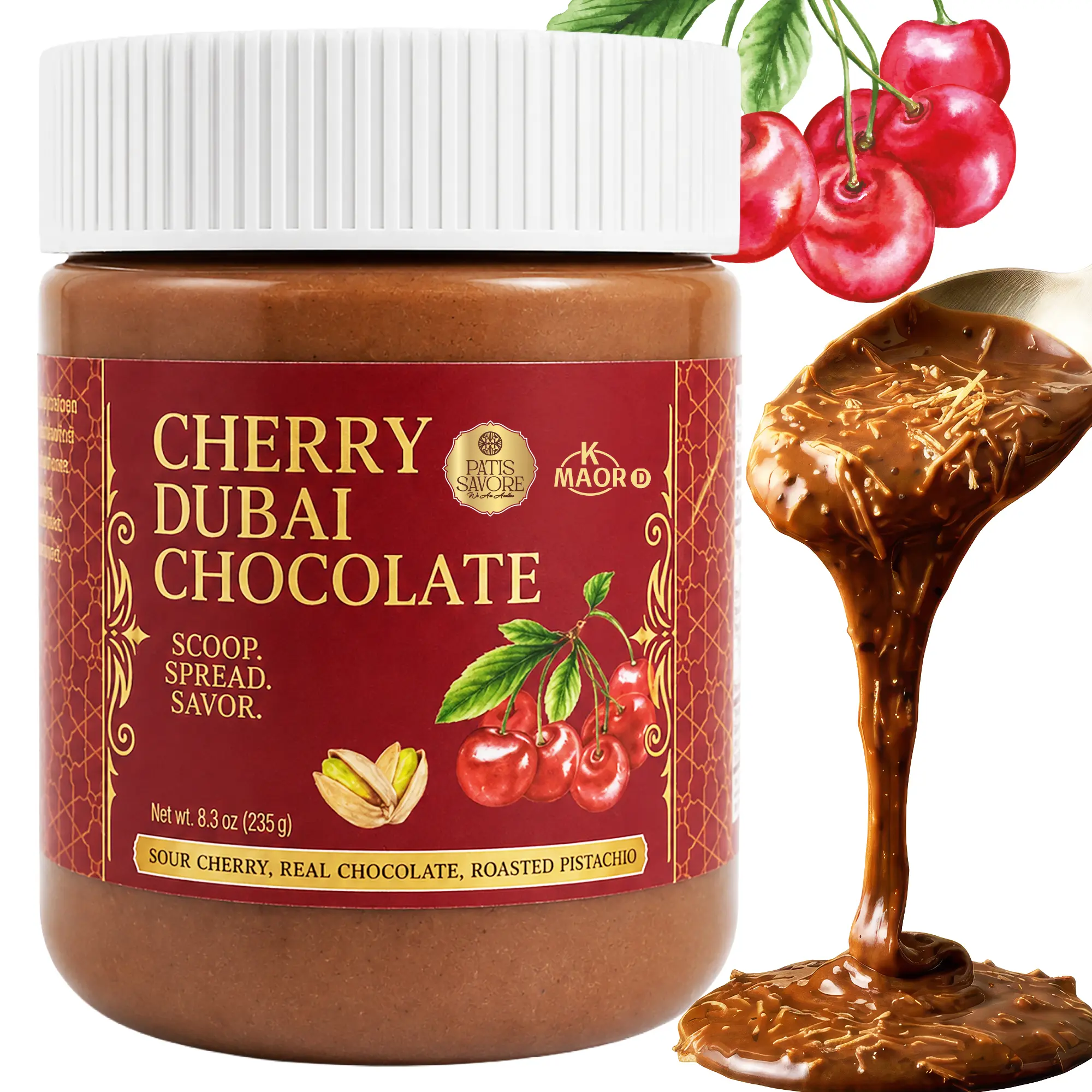 Dubai Milk Chocolate Spread with Sour Cherry and Crunchy Kataifi – 8.3oz (235g) Gourmet Middle Eastern Sweet Chocolate Delight – Rich Creamy Velvet Texture, Premium Holiday Dessert Gift Jar