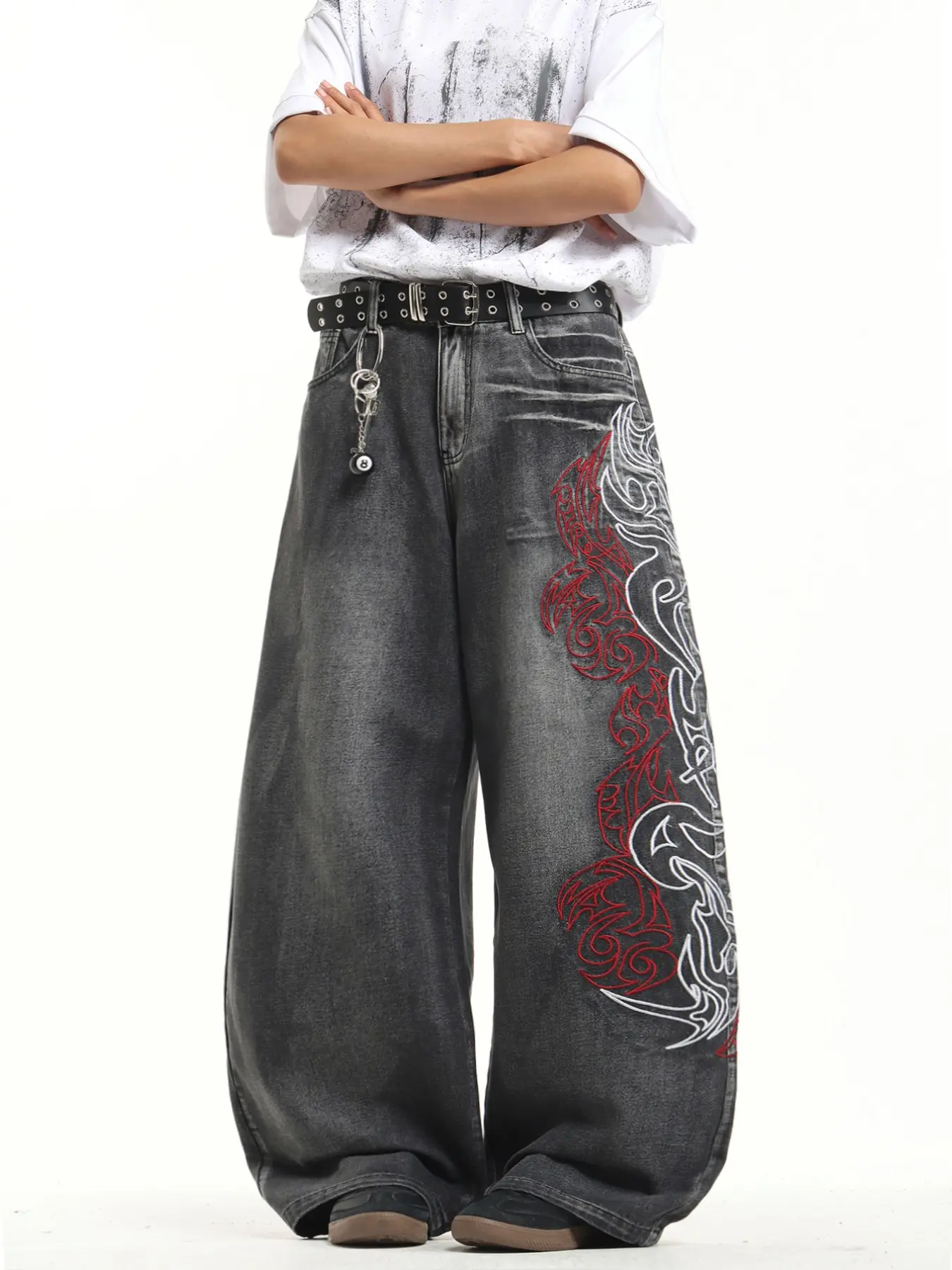 Men's Vintage Washed Denim Slouchy Jeans, Street Style Loose Fit Baggy Embroidered Design, All Season Casual Pants, No Belt Included, Streetwear