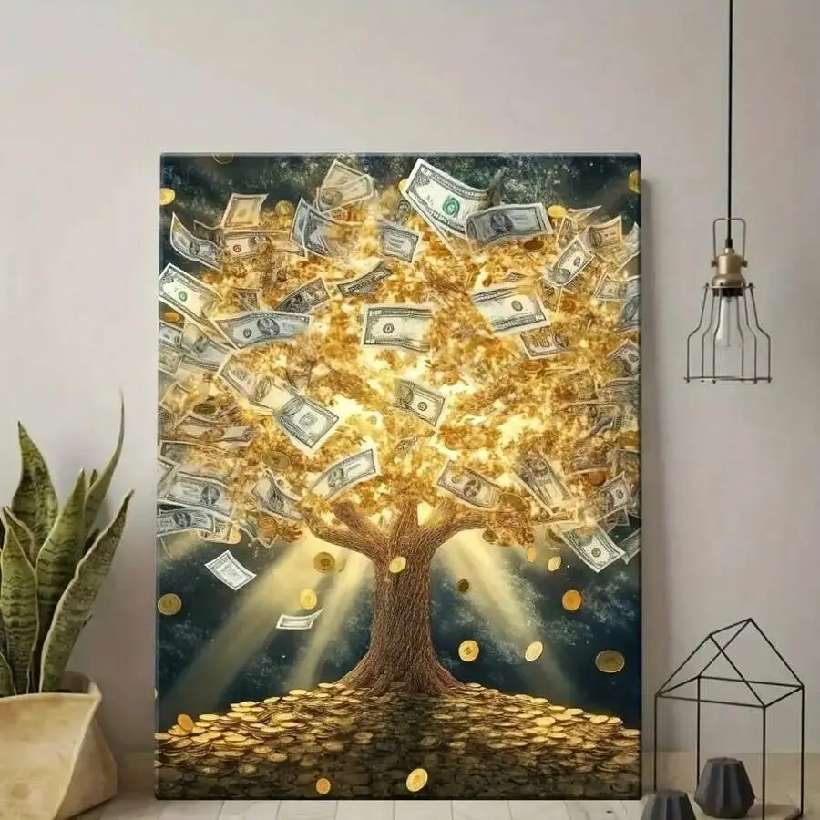 1pc Wooden Frame 2D Flat Multicolor Cartoon Money Tree Print Poster, Dollar Bill & Golden Coins Artistic Hanging Wall Decor, UV-Resistant for Home Living Room & Office Decoration, Ideal Gift