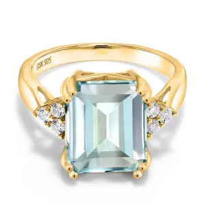 18K Yellow Gold Plated Silver 12X10MM Emerald Cut Gemstone Birthstone Ring | Wedding Engagement Anniversary Promise Ring For Women | Sizes 5-9