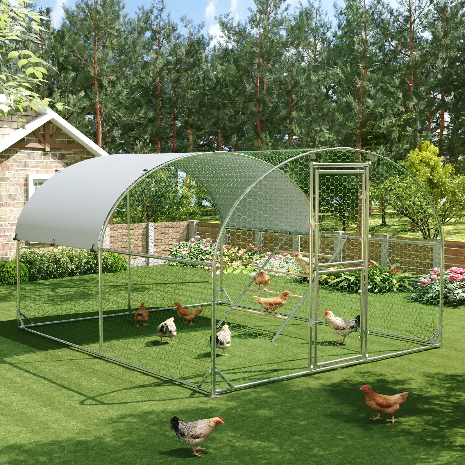 HOMBCK Metal Chicken Coop Run with Climbing Ladder, Walk-in Chicken Run Pen Poultry Cage, Chicken Coop with Water-Resistant Anti-UV Cover, Large Chicken Coop