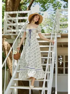 Petrea Volubilis Corset Dress - French-Inspired 100% Cotton Dress with Spring Wild Blue Vine Floral Print & Fishbone Corset Design Summer Casual Wear Womenswear Boho Bohemian