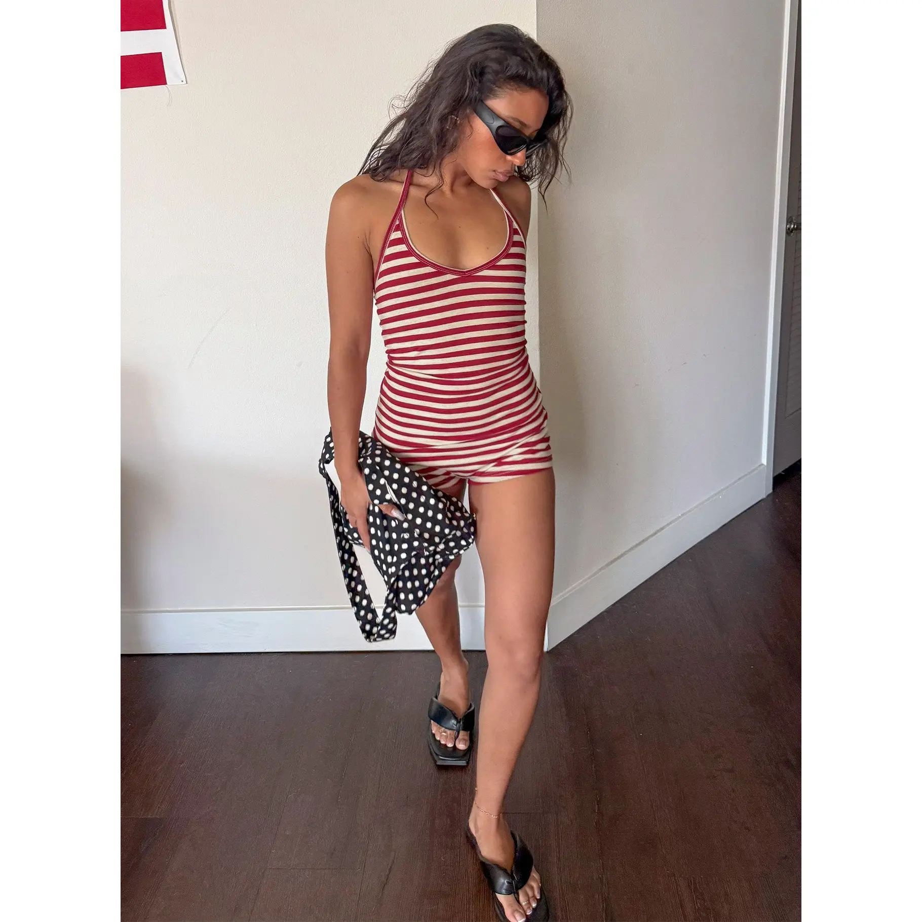 Watch Me Leave Halter Playsuit Red / White Stripe