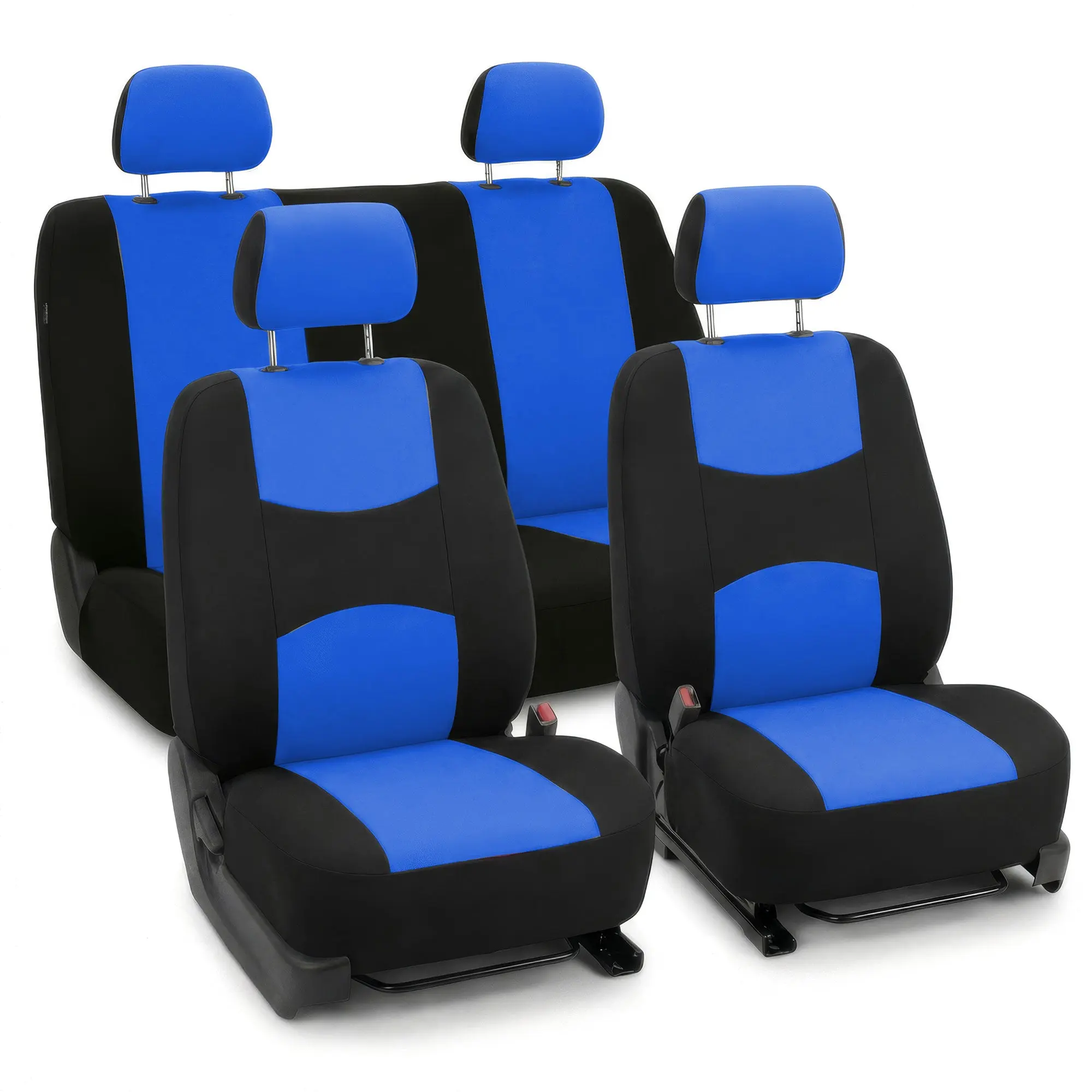 Blue Full Set Polyester Flat Cloth Automotive Seat Covers - Breathable Surface, Easy-Install Protective Cushions, Concealed Hook-and-Loop Opening, Car Interior Decor Accessories, Front Backrest:27"x21.5", Head Rests Cover:12.5"x10"