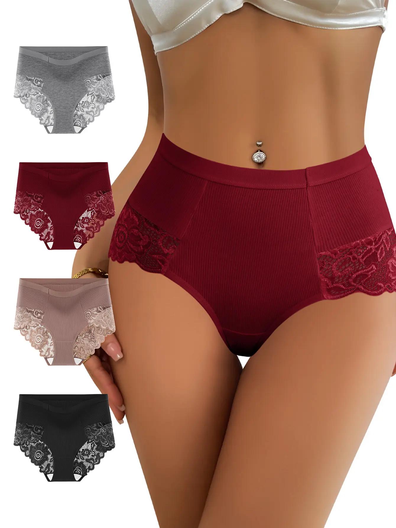 QUASTI 4-Piece High-Waisted Breathable Cotton Elegant Lace Women's Panties, Double-Sided Lace Trim, Soft and Comfortable, Highly Elastic and Skin-Friendly, Combining Elegance and Sexiness Womenswear, Sizes S-XXL