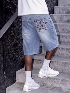 Men's Y2K Style Light Blue Washed Denim Shorts, Fashionable Summer Shorts, Abstract Back Pocket Design, Casual Streetwear Summer Pants, Perfect Gift for Husband or Boyfriend