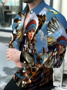 Men's Breathable Lapel Long Sleeve Cardigan Knitwear with Native American Woman Eagle Horse Graphic Print